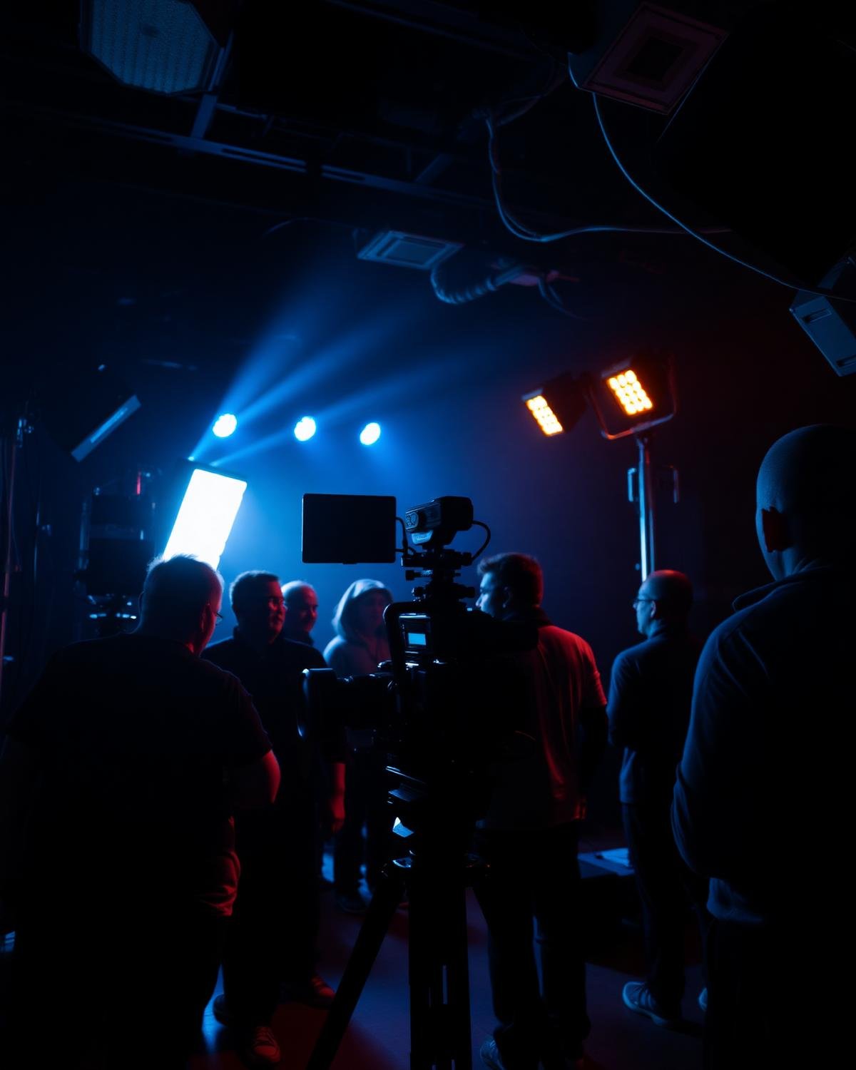 Production crew and camera rig backstage at a live event