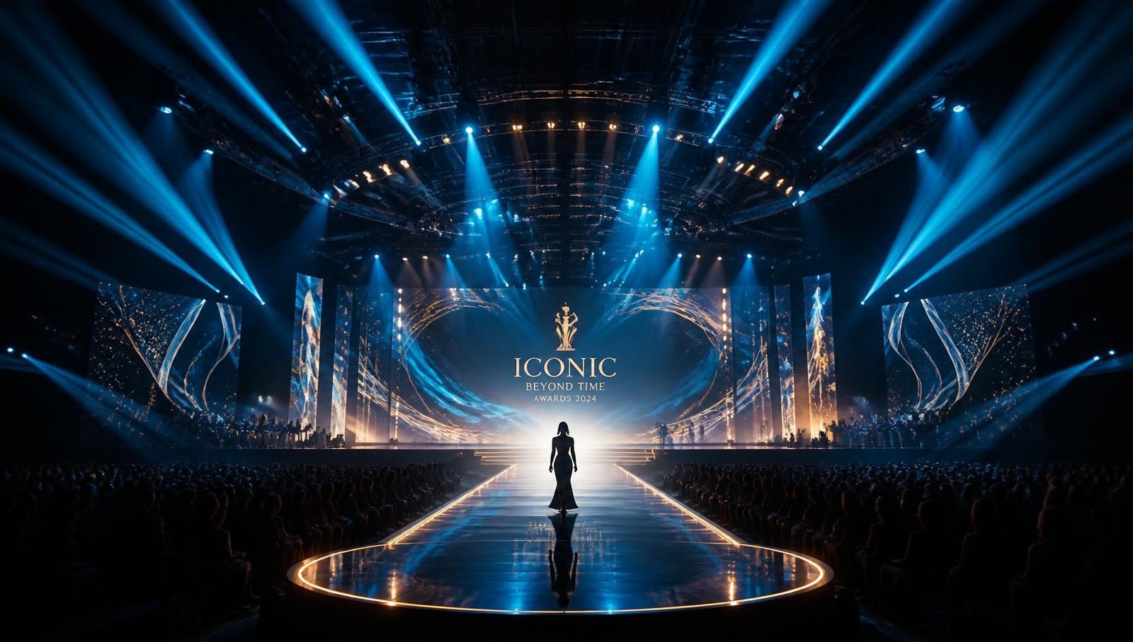 Talent X grand stage with runway, light beams and a full audience